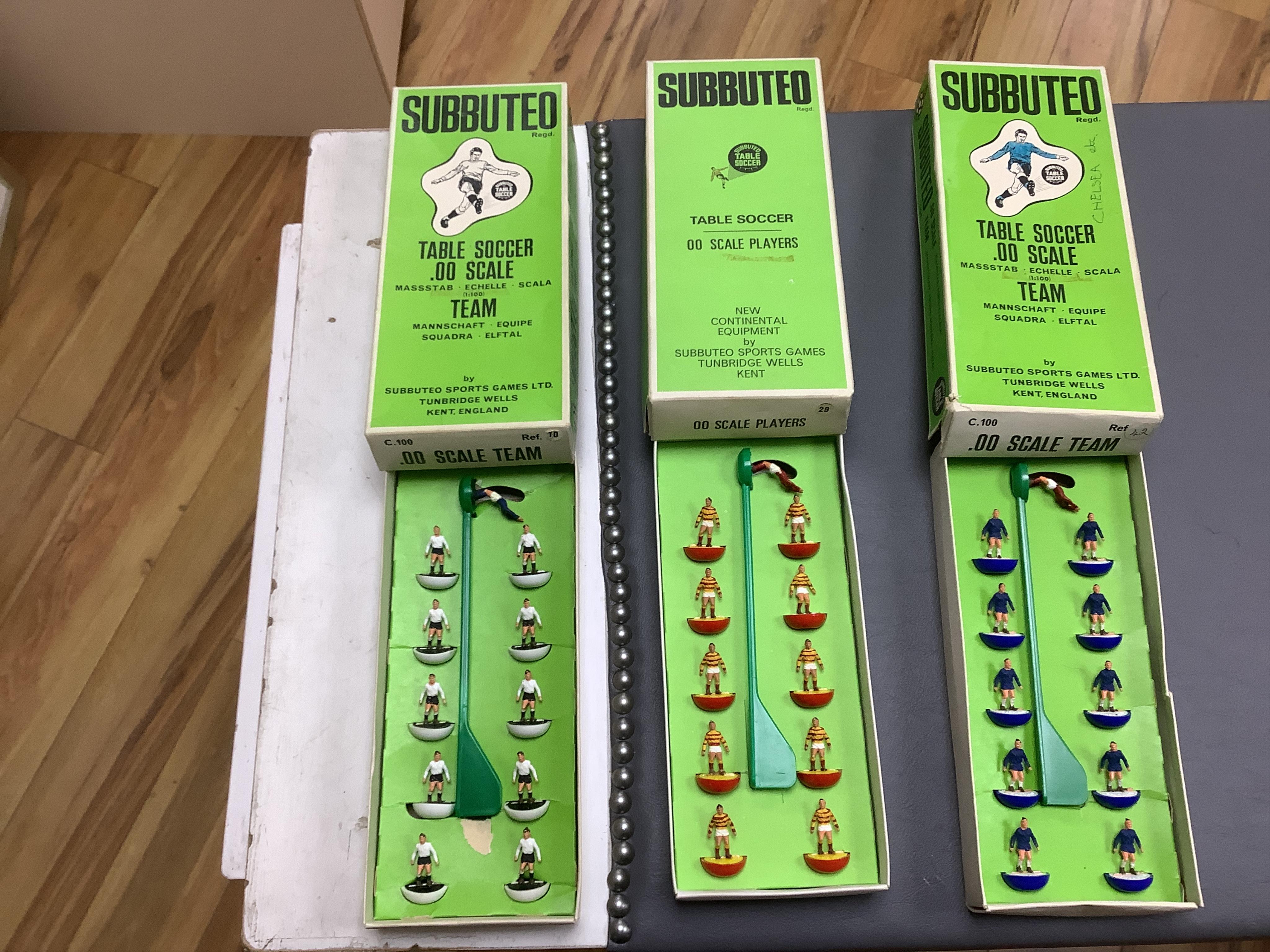 Nine 1970s boxed Subbuteo football teams, including; Germany, Brazil and Holland, reference numbers; 10, 13, 28, 29, 41, 42, 50, etc. Condition - fair to good, all complete, with some wear/damage to boxes.